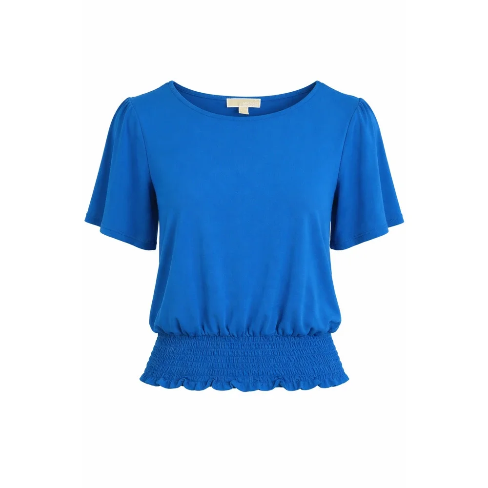 Michael Kors Blue Blouson Smocked Waist Short Sleeve Top Small